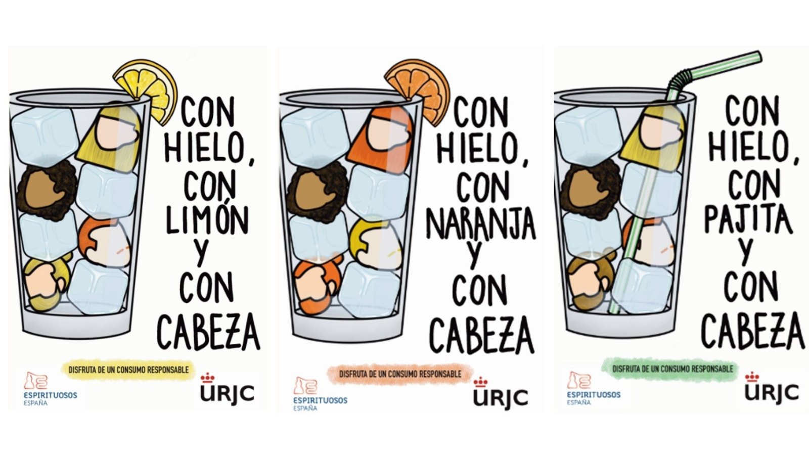 Las tres piezas de la campaña Con Cabeza: vasos con limón, naranja y patata sobre hielo